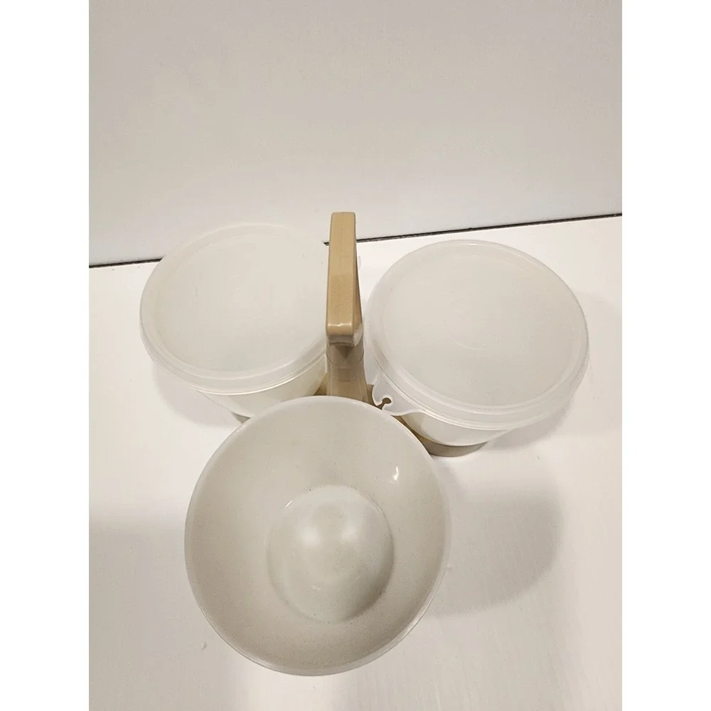 Vintage Tupperware 757-4‎ Tan Base 3 Section Condiment Caddy w/ 2 Lids